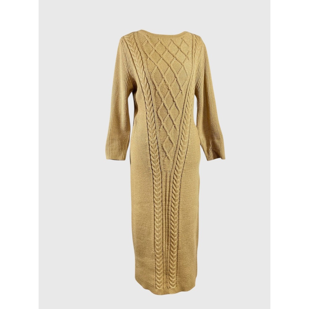 New York Company Women Tan Cable Knit‎ Maxi Sweater Dress Size L Pullover